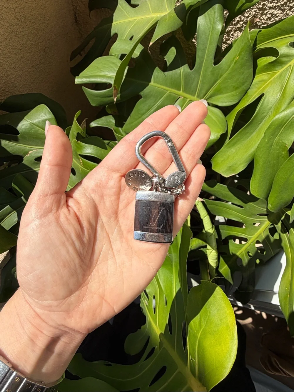 Louis Vuitton Porte Cles Wood Silver Key Ring Bag Charm Keychain Brown